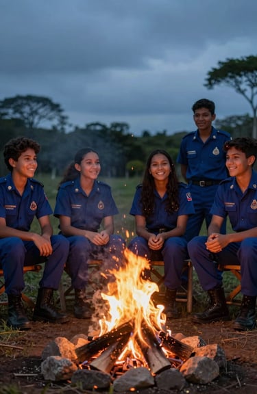 South American / Brazilian young Pathfinders in dark blue uniforms sitting around a campfire at dusk, looking engaged and happy.