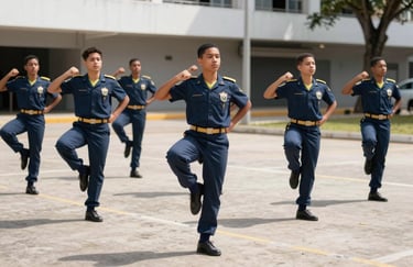 A group of Brazilian teenagers in uniform practicing drill and ceremony on a clean outdoor pavement under bright daylight.