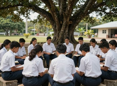Young people in uniforms participating in a Bible study group outdoors under the shade of a large tropical tree.