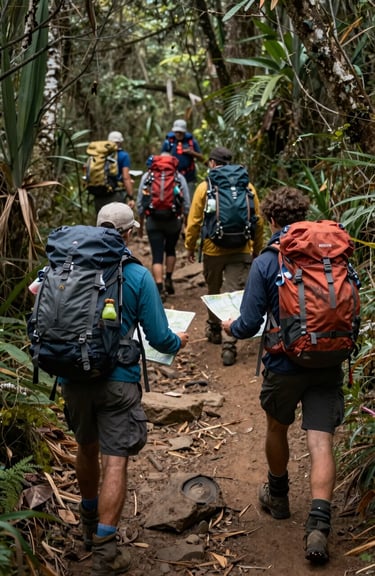 Outdoor adventure photography of a hiking trail in Brazil, with a group of Pathfinders carrying backpacks and navigating with a map.
