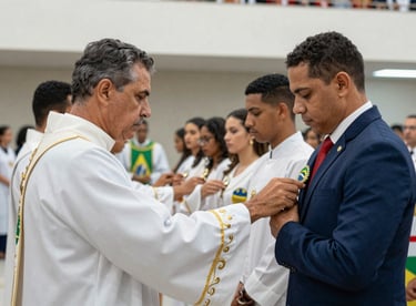 A Brazilian investiture ceremony inside a modern hall, with leaders presenting badges to proud young members.