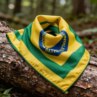 Close-up of a Brazilian Pathfinder scarf with its yellow slide, resting on a wooden log in a sunny forest setting.