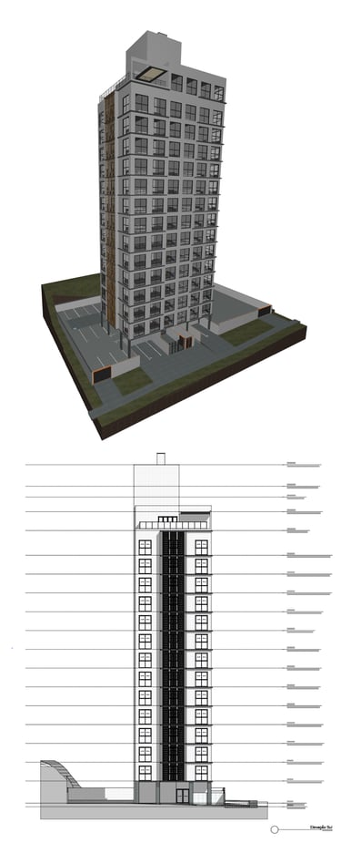 Modern 3D architectural rendering and technical elevation of a multi-story residential apartment building.