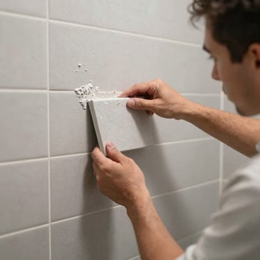 Close-up of a professional installer precisely placing modern light gray ceramic tiles on a bathroom wall, North American / US - Los Angeles, California, focused action shot.