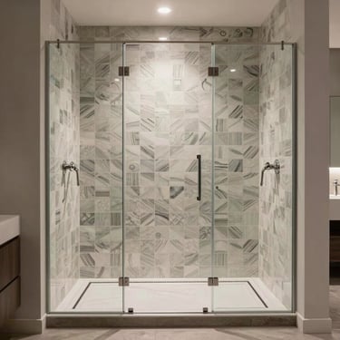 A modern walk-in shower with high-end glass partitions and custom tile installation, professional architectural photography, North American / US - Los Angeles, California.
