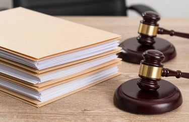 A stack of organized medical folders and a classic legal gavel on a wooden desk, clean professional lighting, illustrating the union of medicine and law.
