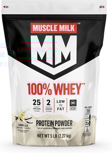 Muscle Milk 100% whey protein powder used by woman over 35 for daily protein and fitness routine
