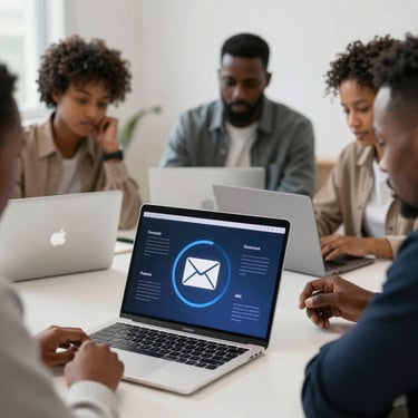 A professional analyzing email security data on multiple screens in a modern office.