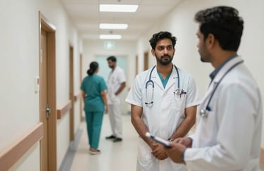 A clean, modern South Asian / Indian hospital corridor with professional medical staff in the distance, representing healthcare affiliations.