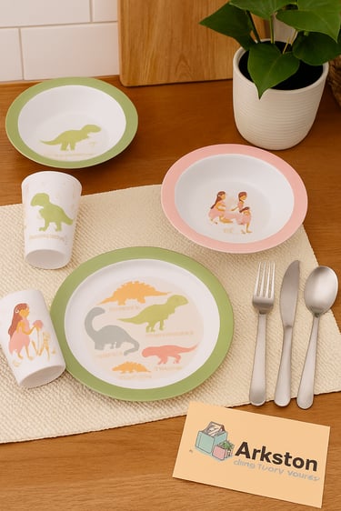 Eco-friendly dinosaur and fairy dinnerware set for kids including plates, bowls, cups