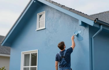A close-up of a house facade being painted with a modern blue #4C7B9E color, demonstrating the high-quality finish and professional technique.