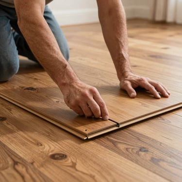 Close up photography of a craftsman installing rich oak hardwood flooring in a North American living room, showing precise alignment and care.