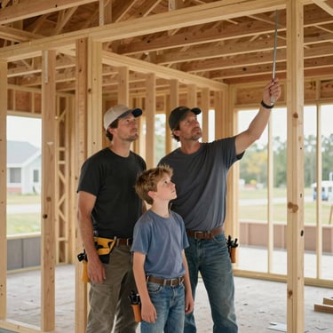A father and son contractor team in a North American house addition project, standing together and looking over the newly framed walls.
