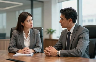 Two professionals in professional attire engaged in a serious discussion in a well-lit boardroom. The focus is on their confident body language and the premium office environment. Global / Spanish-speaking.