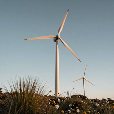 Low-angle dynamic shot of wind turbines rotating against a clear sky, with a foreground of wildflowers and native grasses. Clean energy concept, professional photography, Latin American highland setting. No people visible.
