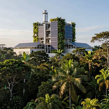 Photography of a dense tropical forest edge merging seamlessly with a high-tech industrial facility featuring solar panels and vertical gardens. Clean morning light, high contrast, professional architectural photography style in Latin America. No people visible.