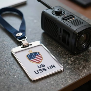 Close-up of a silver security badge and a professional radio resting on a polished slate desk, North American / US office setting.