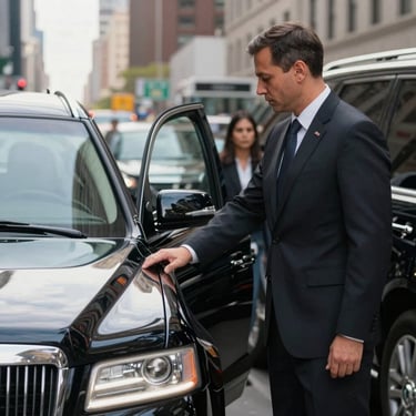 A bodyguard in a dark suit holding open the door of a black luxury vehicle for a client in a busy North American financial district, sharp focus.