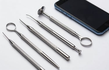 An elegant arrangement of professional dental tools and a smartphone on a clean white surface, symbolizing the fusion of dentistry and technology, professional photography.