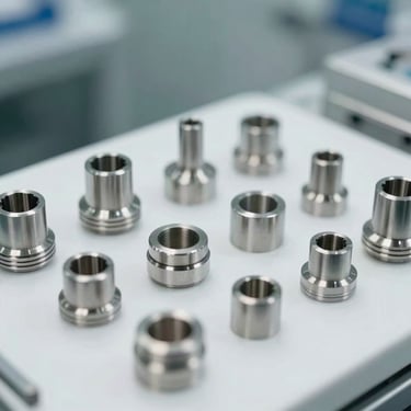 Macro photography of high-precision stainless steel medical components arranged neatly on a white surface in a sterile North American facility.