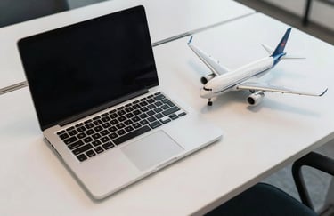 A top-down view of a designer's desk in a modern North American office, featuring a silver laptop and a high-quality aircraft scale model. Minimalist, clean, and professional workspace.