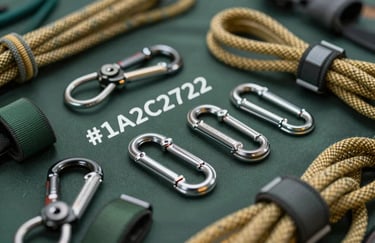 A display of professional-grade tree climbing gear, including thick ropes, harnesses, and carabiners, arranged neatly. The scene suggests meticulous preparation and integrity. Sharp focus, premium lighting, featuring #1A2C21 and metallic #B1976D highlights.