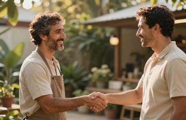 A warm, grounded shot of Miguel Giron shaking hands with a satisfied customer in a lush garden setting. The interaction is respectful and friendly, reflecting the owner-operated nature of the business. Soft sunlight, with #B1976D gold tones.