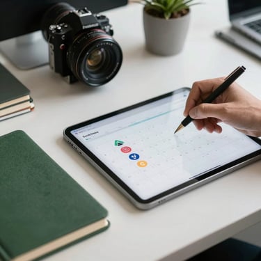 A professional at a clean desk in a North American / US office plotting a social media content calendar on a tablet, with a matte forest green notebook nearby.