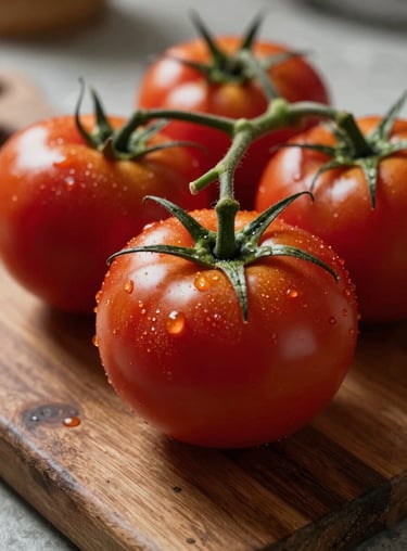 Extreme close-up of vine-ripened deep ripe crimson tomatoes on a rustic wooden board in a sunlit North American / US kitchen setting.