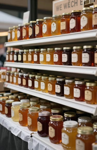 A modern food market stall in a North American / US city displaying artisanal honey and organic preserves on crisp parchment shelves.
