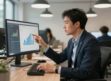 A digital marketing strategist in a North American / US co-working space analyzing social media growth on a monitor, professional and approachable mood.
