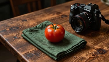 A content creator in a North American / US restaurant using a professional camera to photograph a gourmet farm-to-table dish, deep ripe crimson and matte forest green color accents.