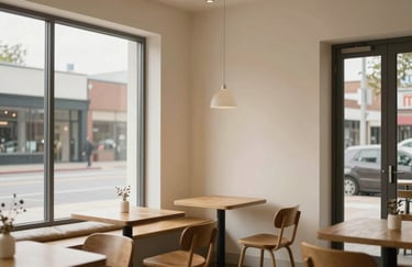 Minimalist Scandinavian-inspired cafe interior in a North American / US neighborhood, featuring large windows and crisp parchment colored walls.