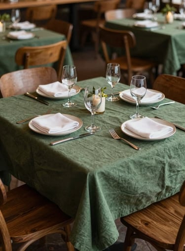 A community table in a high-end North American / US farm-to-table restaurant, set with matte forest green linens and warm ambient lighting.