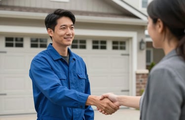 A technician in a professional medium blue uniform shaking hands with a customer in front of a North American residential garage, atmosphere of trust.
