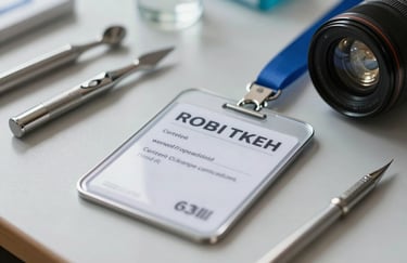 Detail shot of a professional certification badge and high-quality glass repair tools neatly arranged on a clean workbench, soft natural lighting.