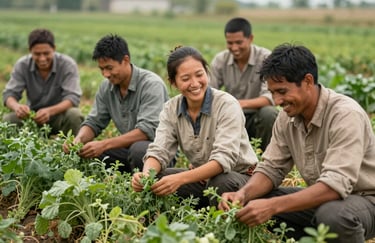 A group of happy local workers in a lush green field, wearing neutral earthy tones, smiling while harvesting herbs, daylight photography.