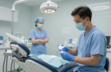 A high-end, clean dental clinic or spa in Vietnam with soft slate blue accents and professional staff in the background.