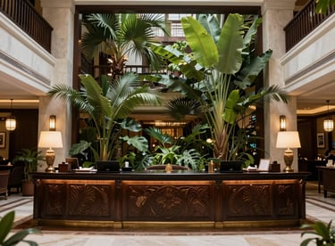 A luxurious hotel lobby with tropical Vietnamese design elements and a high-end travel concierge desk.