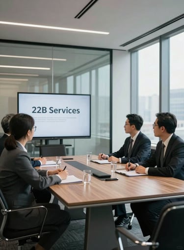 A sophisticated corporate meeting room in a modern office building with glass walls and professional atmosphere for B2B services.