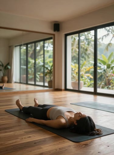 A spacious and serene yoga studio with natural wood floors and large windows, reflecting a healthy Southeast Asian lifestyle.