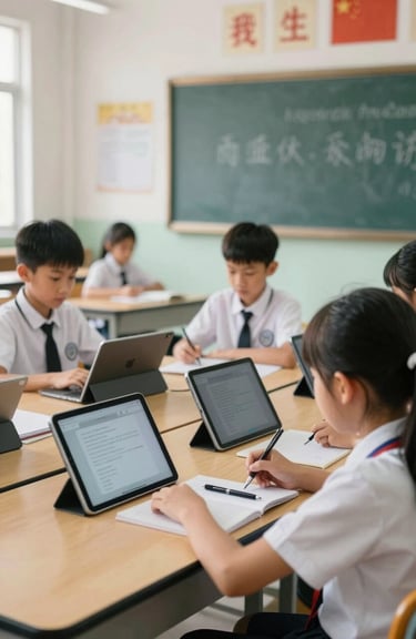 A bright and innovative classroom setting in a Vietnamese private school equipped with modern tablets and collaborative desks.