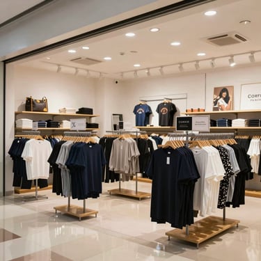 A contemporary retail clothing store in a Vietnamese shopping mall with bright, efficient lighting and organized displays.