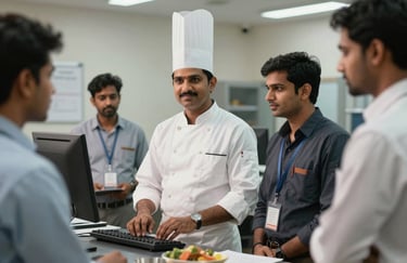 A group of professional employment staff, including a chef and an office peon, in a clean South Asian / Indian workplace environment.