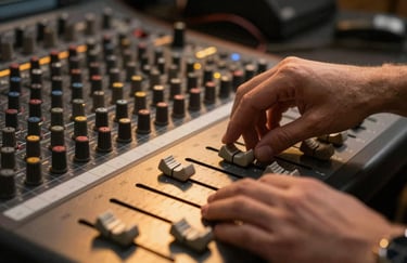 A pair of professional hands in a Chinese studio adjusting the faders on an analog mixing desk, with warm amber lighting reflecting off the metallic surfaces.