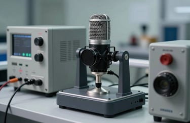 A professional product photograph of a microphone's polar pattern testing setup, with technical equipment in a grey and charcoal industrial aesthetic, shot in a research facility in Mainland China.