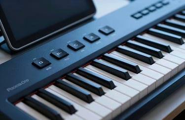 Macro shot of a high-end digital keyboard and professional tablet in a North American corporate office, featuring deep steel blue lighting.
