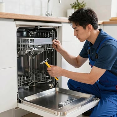 A professional technician in a burgundy uniform carefully repairing a modern refrigerator inside a bright New York kitchen.