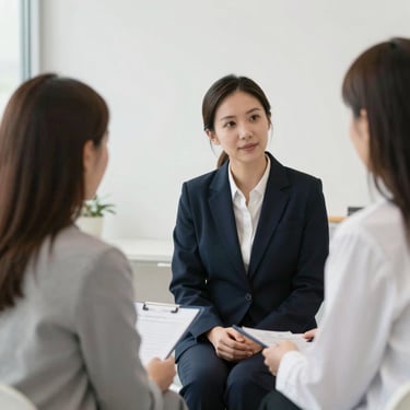 A friendly consultant attentively listening to a client during a mystery shopping review session.