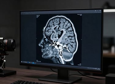 High-contrast photography of a brain scan visualization on a premium matte display in a dark, professional room.